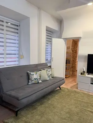a living room with a gray couch with pillows at Domillion 1bdr Quiet City Hall apt D1115 in Vilnius
