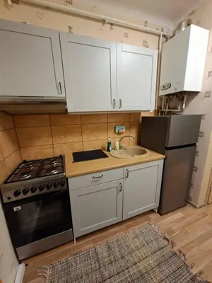 a kitchen with white cabinets and a stove and a sink at Aguona namai apartamentai in Kaunas