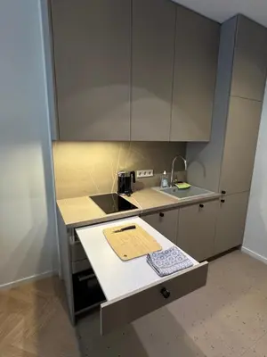 a small kitchen with a counter and a sink at New Cozy Designer Apartment in Uzupis Walk to Old Town in a Luxury Building Garden View Balcony in Vilnius