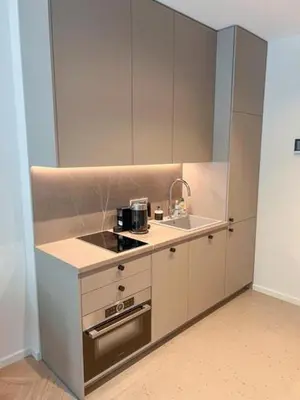 a small kitchen with a sink and a counter top at New Cozy Designer Apartment in Uzupis Walk to Old Town in a Luxury Building Garden View Balcony in Vilnius