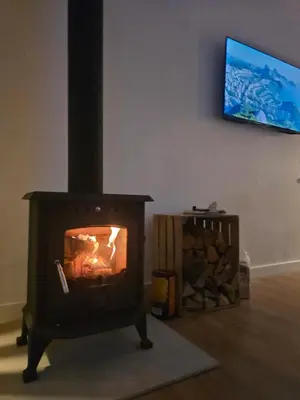a woodburning stove in a room with a pile of logs at TRoBA in Vilnius