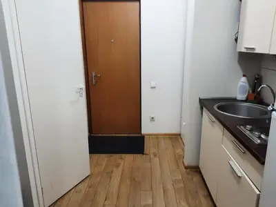 a kitchen with a sink and a wooden floor at Frankes Cozy One Bedroom Apartment in Vilnius