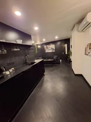 a kitchen with a sink and a living room with a couch at Kauno buzo namuciai in Kaunas