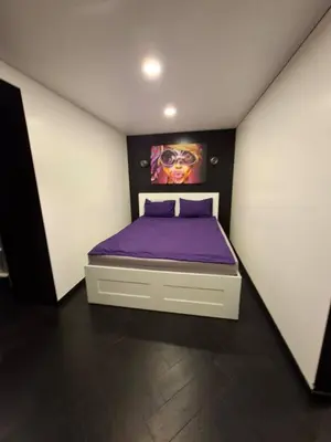 a bedroom with a purple bed in a room at Kauno buzo namuciai in Kaunas