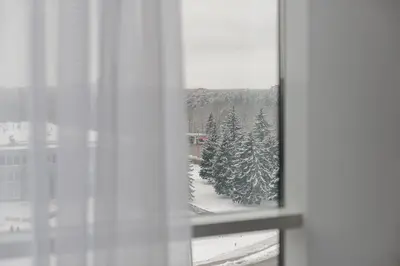 a window with a view of a snow covered forest at Skyline View Apartment Vilnius in Vilnius