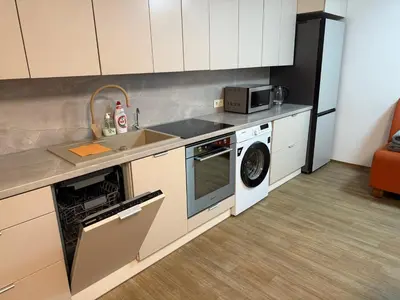 a kitchen with a sink and a washing machine at SALGIRDO svečių namai in Kelmė