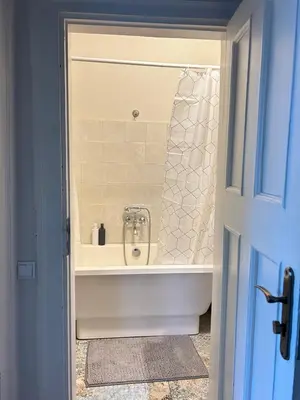 a bathroom with a bath tub and a shower at City Park Apartment in Vilnius