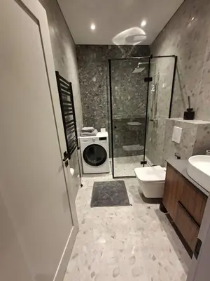 a bathroom with a shower and a toilet and a sink at Viktor Nemuno house in Kaunas