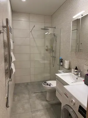 a bathroom with a shower and a toilet and a sink at Kęstučio 66 apartamentai in Kaunas
