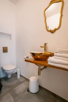 a bathroom with a sink and a toilet and a mirror at River apartamentai in Pakopi