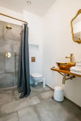 a bathroom with a shower and a toilet and a sink at River apartamentai in Pakopi