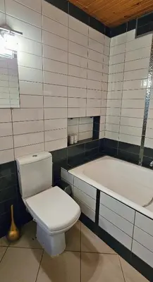 a bathroom with a toilet and a bath tub at Skodupės švenčių ir poilsio namai in Pakopi