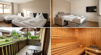 three pictures of a hotel room with two beds and a balcony at The Calm Place in Kaunas