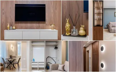 a collage of photos of a living room and a kitchen at Sandal Apartments in Šiauliai