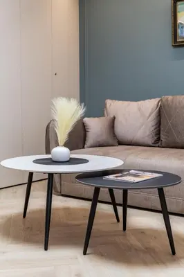 a living room with two tables and a couch at Sandal Apartments in Šiauliai