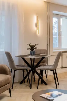 a dining room table with chairs and a plant on it at Sandal Apartments in Šiauliai