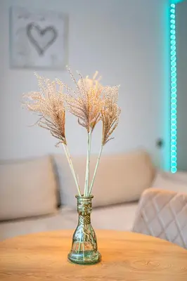a glass vase with dried flowers on a table at Fancy Pramonės Stay #1 By Polo Apartments in Kaunas