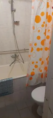 a bathroom with a shower curtain and a toilet at Flat 2 rooms in Panevėžys