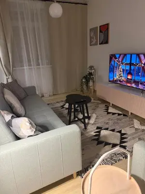 a living room with a couch and a flat screen tv at Cosy quiet apartment in the city center in Vilnius