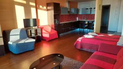 a living room with a couch and a kitchen at Vilnius Gate Skyline Studio in Vilnius