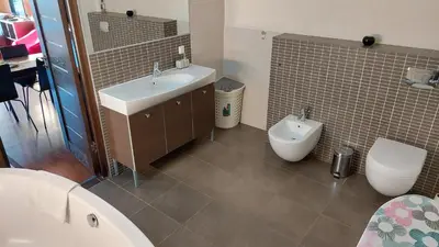 a bathroom with a sink and a toilet at Vilnius Gate Skyline Studio in Vilnius