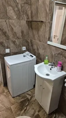 a bathroom with a white sink and a mirror at Plytų Sienos Apartamentai in Kaunas