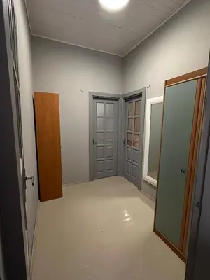 an empty room with two doors and a mirror at Užupio apartamentai Nemokamas parkingas 3 in Vilnius