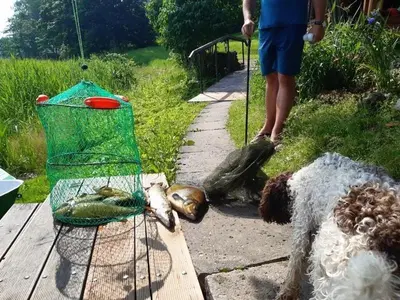 a person standing next to a dog and a fish at Gintarinė rasa in Inkartai
