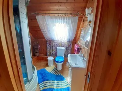 a small bathroom with a toilet and a sink at Gintarinė rasa in Inkartai