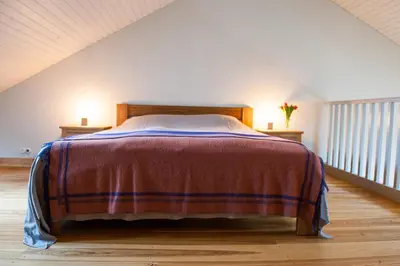 a bedroom with a bed in a attic at Paliesiaus Dvaras in Mielagėnai