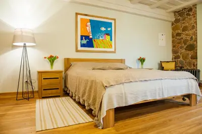 a bedroom with a bed and a lamp in it at Paliesiaus Dvaras in Mielagėnai