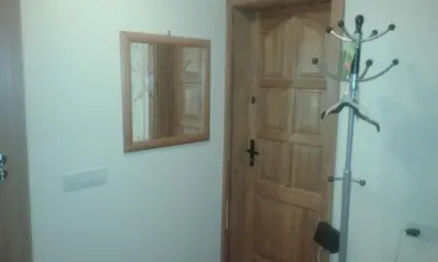 a room with a door and a mirror next to a door at 1 kambario butas in Panevėžys