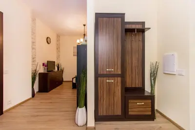 a hallway with a tall wooden cabinet in a room at Apartamentai 555 in Vilnius