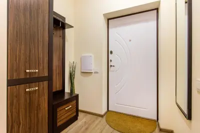 a bathroom with a white door and a mirror at Apartamentai 555 in Vilnius