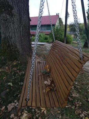 a wooden swing sitting next to a tree at Kryzbarkas in Degučiai