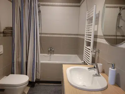 a bathroom with a sink and a tub and a toilet at Saulės Sonata Etude in Druskininkai