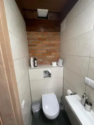 a small bathroom with a toilet and a sink at Akmenine Kerpe in Marijampolė