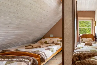 two beds in a room with a wooden wall at Vila Sanzila in Bernatoniai
