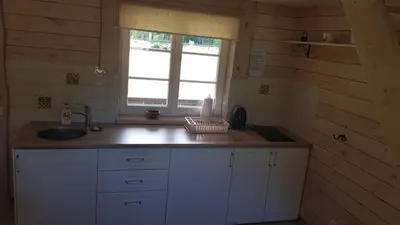 a kitchen with a sink and a window at Vienkiemis prie Merkinės in Merkinė