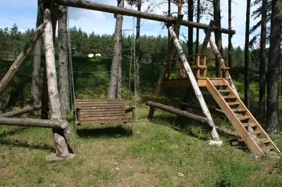 a playground with a wooden swing and a ladder at Vienkiemis prie Merkinės in Merkinė