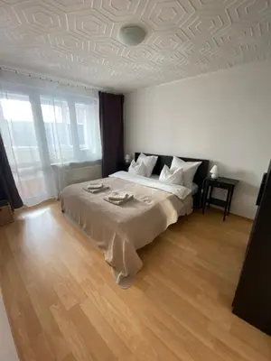 a bedroom with a bed and a coffered ceiling at Cozy Center Apartment in Druskininkai in Druskininkai