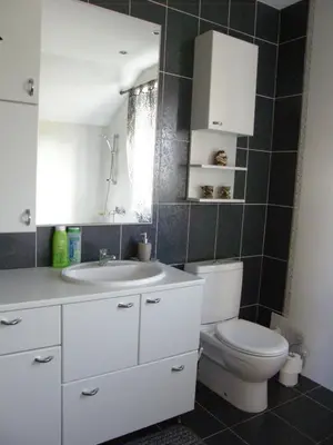 a bathroom with a white toilet and a sink at Home for Guests Lakštingala in Šiauliai