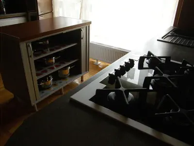 a living room with a table and a stove at Home for Guests Lakštingala in Šiauliai