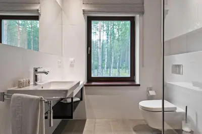 a bathroom with a sink and a toilet and a window at Ami Residence Forest in Didžiasalis