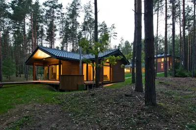 a small wooden cabin in the woods with trees at Ami Residence Forest in Didžiasalis