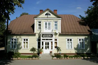 a large white house with a brown roof at Labanoras in Labanoras