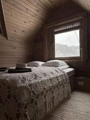 a bedroom with a bed in a room with a window at Trainiškio pirkia in Ginučiai