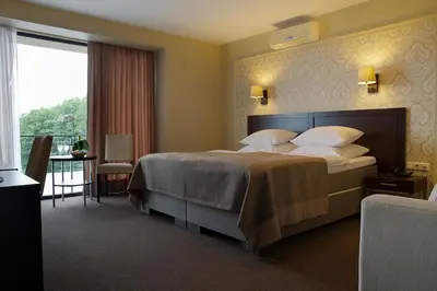 a hotel room with a large bed and a balcony at Margis Hotel & SPA in Trakai