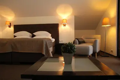 a hotel room with a bed and a couch at Margis Hotel & SPA in Trakai