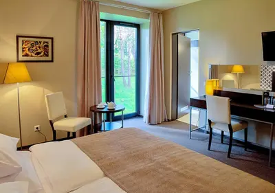 a hotel room with a bedroom with a desk and a bed at Margis Hotel & SPA in Trakai